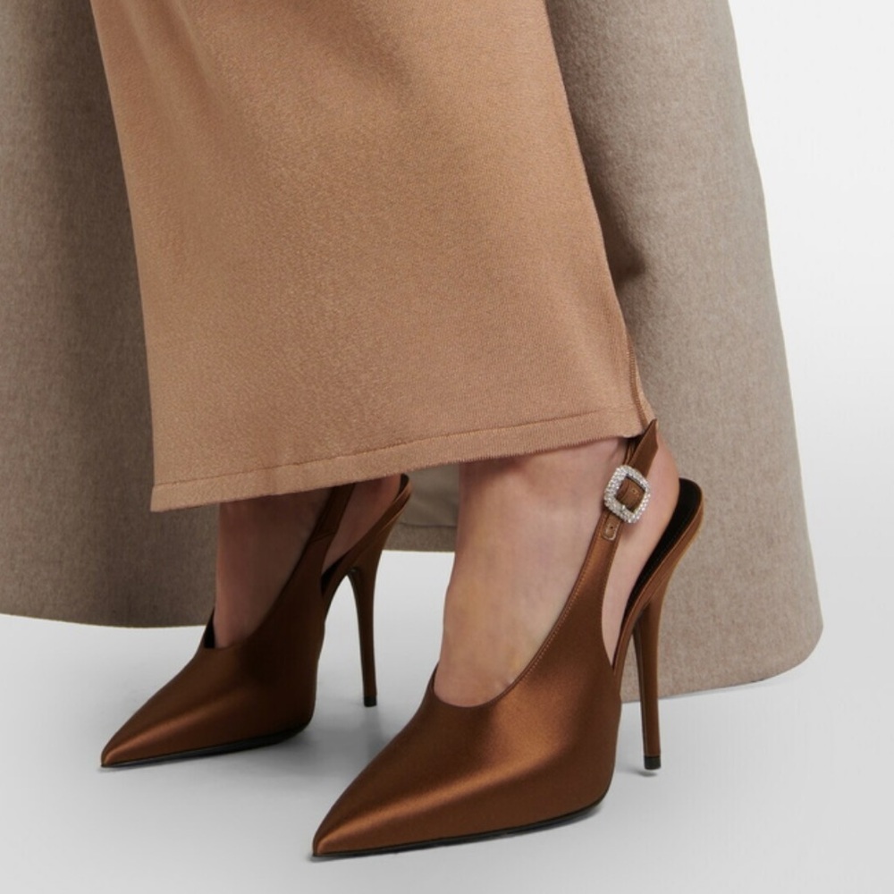Saint Laurent Yasmeen brown satin slingback pumps